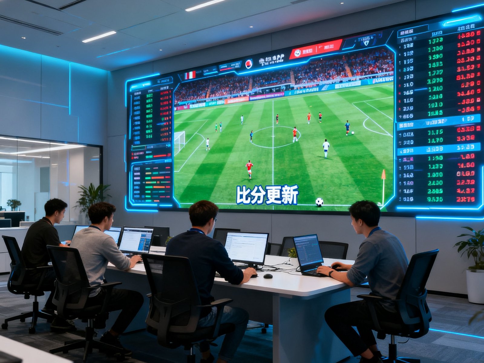 QQ体育现代化办公室内，数据工程师团队围坐在长桌前分析赛事数据，墙面上巨大的LED屏幕实时显示着全球各地球场的比赛数据和比分更新，办公环境充满科技感与活力。